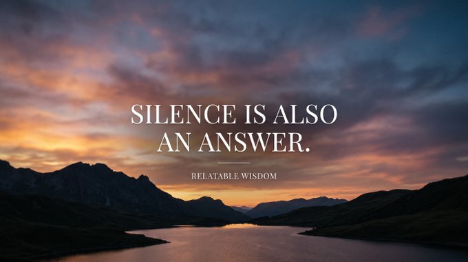 A scenic sunset landscape with mountains and a lake, overlaid with the text 'SILENCE IS ALSO AN ANSWER.' and a small attribution 'RELATABLE WISDOM' below.
