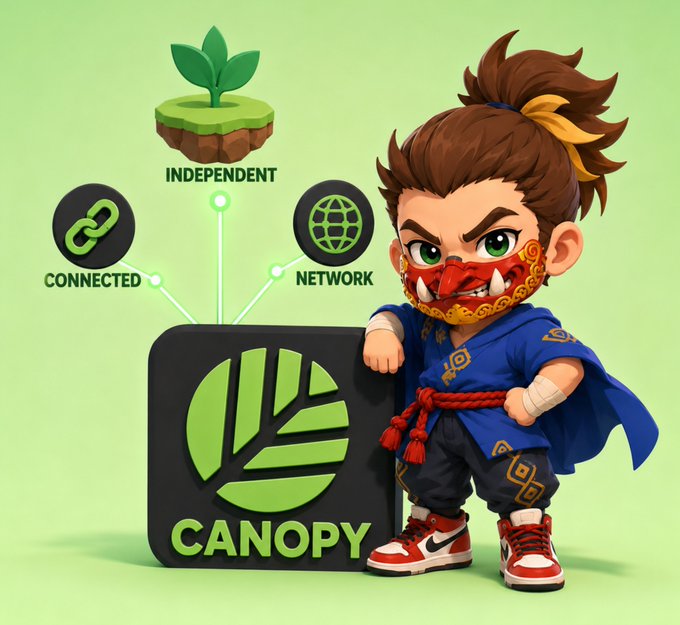 A cartoon ninja-like character wearing an ornate red and gold mask stands beside a "CANOPY" logo, surrounded by three connected icons labeled "CONNECTED," "INDEPENDENT," and "NETWORK," visually representing the CNPY Network's approach to blockchain scalability through parallel, independent ecosystems rather than stacked layers—aligning with the post's message about rethinking crypto infrastructure beyond traditional L2 and bridge models.