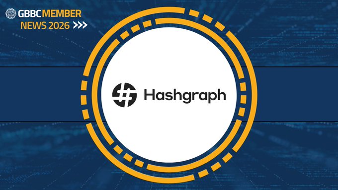 A graphic displays the "GBBC MEMBER NEWS 2026" banner above a circular design featuring the "Hashgraph" logo, complementing the announcement about Hashgraph's role in powering Spain's first multi-bank tokenized deposits proof of concept via Asseto on HashSphere.