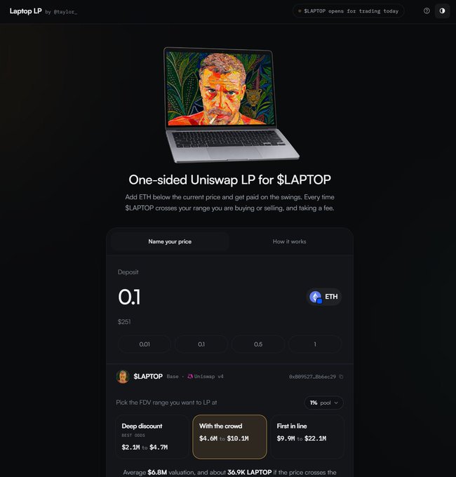 A webpage for "Laptop LP" by @tayl0r_ promoting a one-sided Uniswap LP strategy for the $LAPTOP meme coin on the Base chain, showing a 0.1 ETH deposit option and three FDV range choices (Deep discount, With the crowd, First in line) at ~$6.8M valuation. This directly supports the post's strategy of preparing ETH on Base and entering below a 10M market cap to maximize returns from the $LAPTOP launch.