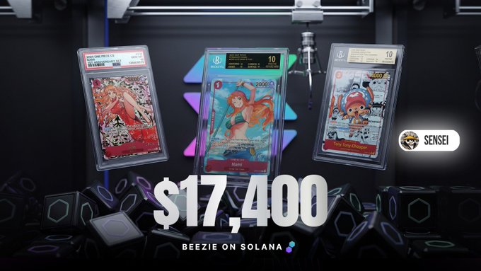 The image shows three graded cards displayed against a dark background, including what appears to be a BGS 10 One Piece card, a Nami card, and a PSA 10 Tony Tony Chopper card, with the caption "$17,400" and "BEEZIE ON SOLANA" featured prominently below. The graphic illustrates the post's celebration of winning valuable graded anime cards on the Beezie Solana claw machine, highlighting the user's impressive returns from $500 plays into thousands of dollars worth of grail cards.