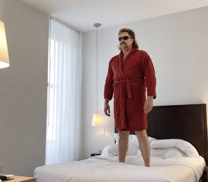 A man wearing a red bathrobe and sunglasses standing on a hotel bed in a minimalist white room.