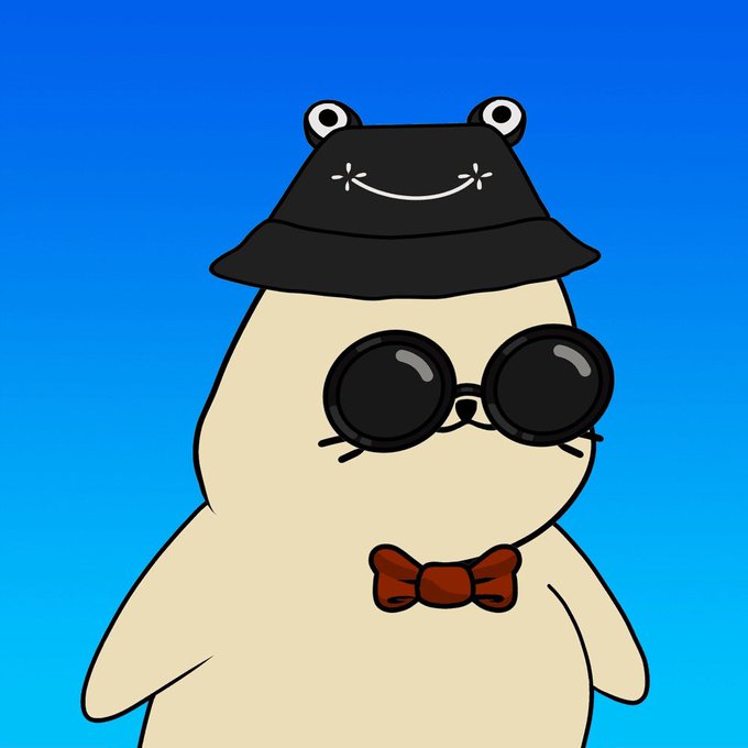 A cartoon illustration of a cute white bear wearing a black bucket hat with bear ears, oversized round black sunglasses, and a red bow tie against a blue gradient background.
