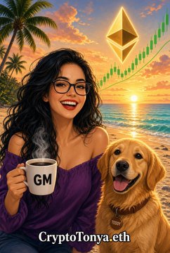 A colorful crypto-themed illustration featuring a woman holding a 'GM' coffee mug beside a golden retriever, with the text 'CryptoTonya.eth' at the bottom.