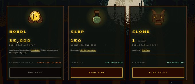 This image shows three options: HOODL (25,000 burns for one spot, unavailable), SLOP (150 burns for one spot, with 400 spots left), and SLONK (1 SLONK burns for one spot, with 400 spots left). The post describes successfully using signals to buy ethereum which led to an NFT WL, relating to the "SLONK" option which requires buying an NFT.