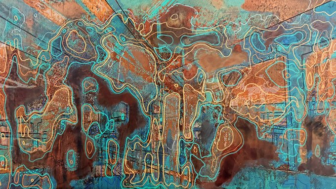An abstract textured artwork featuring swirling, organic patterns in vibrant turquoise, copper, and rust tones that resemble oxidized metal or mineral formations.