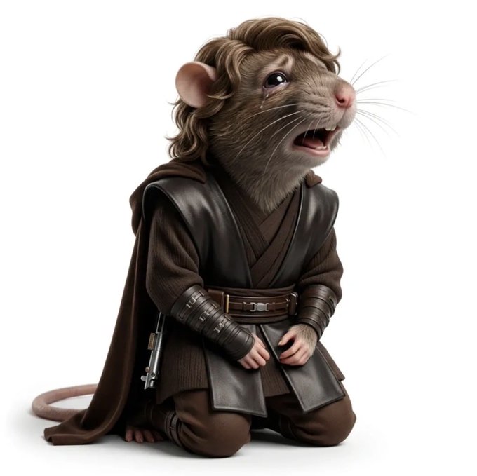The image features a cartoon rat dressed up as a character from Star Wars, sitting on its knees with its arms crossed over its chest. The rat's costume includes a robe and a hat, giving it a Star Wars-inspired appearance. The caption provided in the image reads "lmfao this brainrot just sold for 0.59eth. this was not on my 2026 art collectors bingo card." This suggests that the rat is being sold as an item of art or novelty, possibly to collectors who appreciate its unique Star Wars-themed design and costume.