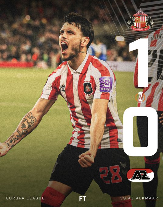 A football match graphic showing a Sunderland player celebrating, with a final score of 1-0 against AZ Alkmaar in the Europa League.