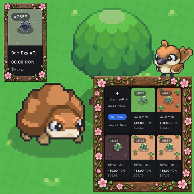 A pixel art scene from a game marketplace showing a 'Bad Egg' (Yakkamon) priced at 80.00 RON ($4.75) alongside other similar eggs with various price listings.