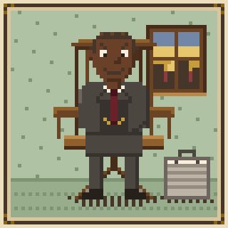 A pixel art illustration shows a dark-skinned man in a black suit with a red tie sitting on a wooden chair next to a briefcase in a green room.