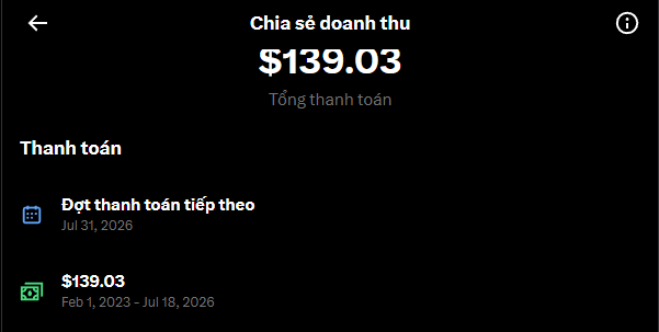 A revenue sharing screenshot in Vietnamese ('Chia sẻ doanh thu') showing total payments of $139.03, with a pending payment scheduled for Jul 31, 2026 and a paid amount covering Feb 1, 2023 - Jul 18, 2026.