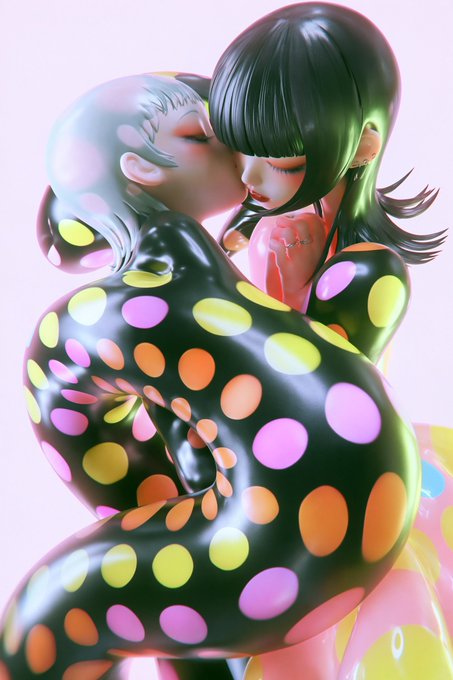 A 3D digital art render of two stylized female figures embracing, wearing glossy black bodysuits with colorful polka dots.