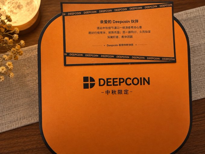 An orange branded box or packaging for 'DEEPCOIN' featuring Chinese text including '中秋限定' (Mid-Autumn Limited Edition), displayed alongside a moon lamp and dried flowers.