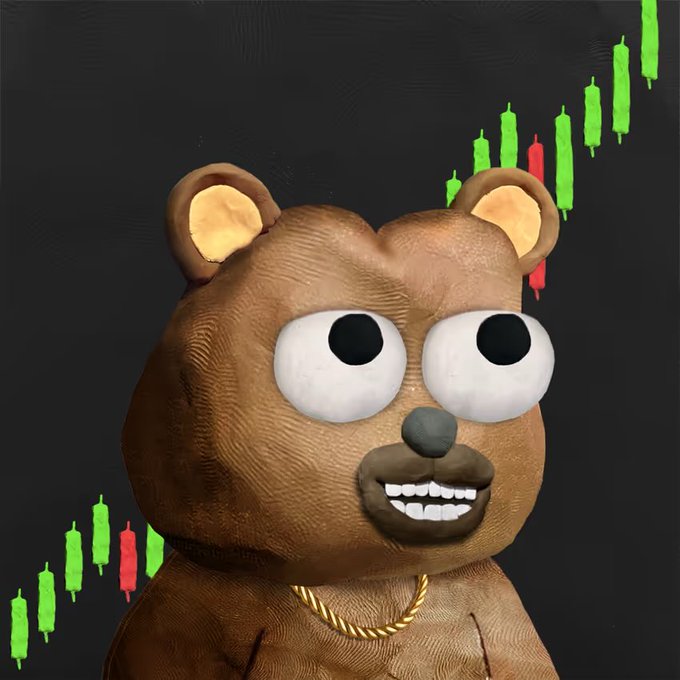 A 3D rendered brown bear character with a gold chain smiles broadly in front of green and red stock market candlestick charts on a dark background.