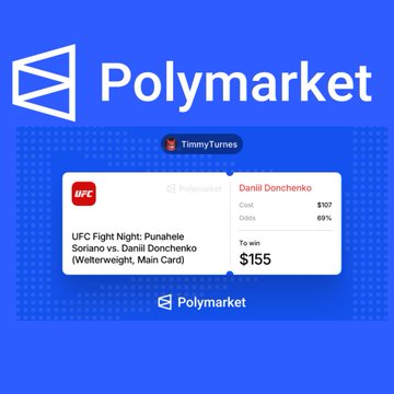 A blue Polymarket advertisement features a UFC Fight Night prediction for Soriano vs. Daniil Donchenko (Welterweight, Main Card), with a $107 cost, 69% odds, and $155 to win.