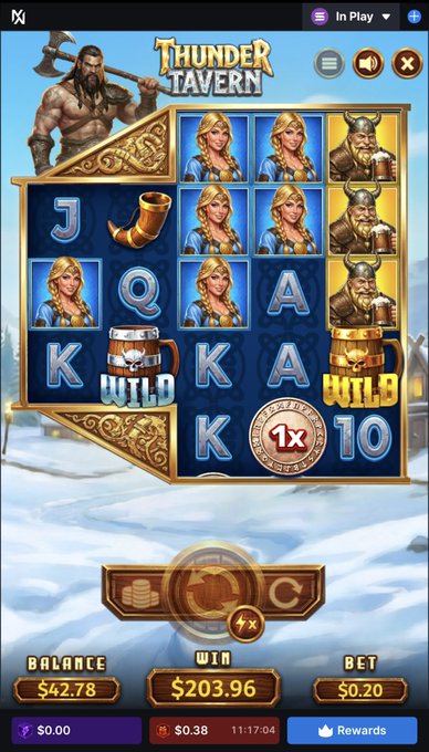A 'THUNDER TAVERN' slot machine game showing a win of $203.96 on a $0.20 bet, with a balance of $42.78.