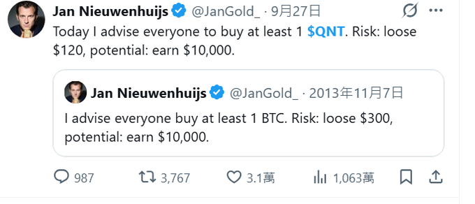 A screenshot of two tweets from Jan Nieuwenhuijs (@JanGold) advising followers to buy BTC in 2013 and $QNT in 2025, each citing potential earnings of $10,000.