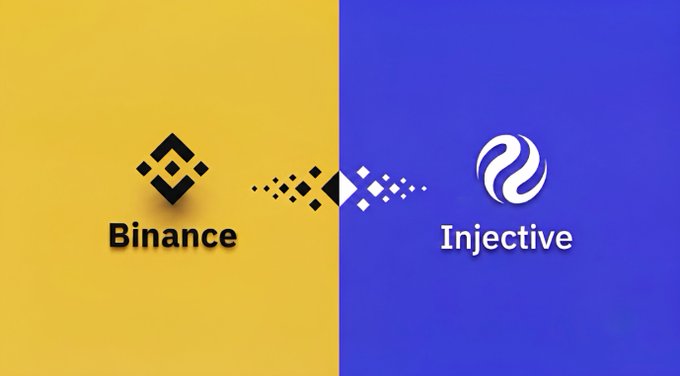 The image displays a split graphic with Binance's logo on a yellow background on the left and Injective's logo on a blue background on the right, visually representing Binance's support for the Injective Mainnet Upgrade following the approval of IIP-665.