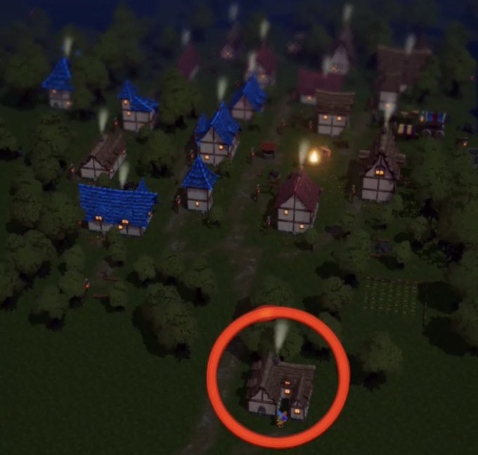 An isometric video game screenshot shows a nighttime village scene with houses and trees, with a red circle highlighting a specific house in the lower right.