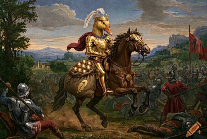 A fantasy painting depicts a knight in golden armor with a duck's head wearing a crown, riding a rearing horse on a battlefield.