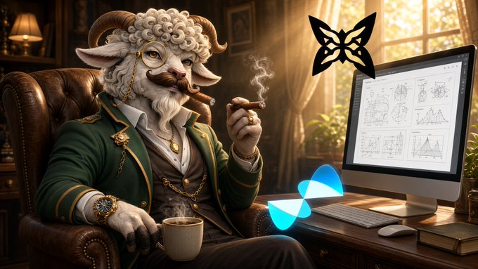 An AI-generated illustration depicts a goat-like creature in Victorian attire smoking a cigar at a desk, with butterfly logos and a computer monitor visible in the scene.
