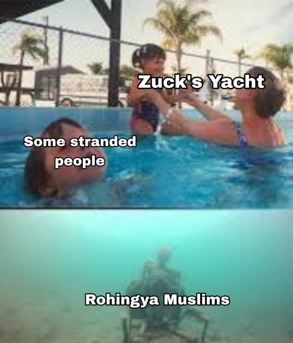 A meme with two panels: the top shows people in a pool labeled 'Zuck's Yacht' with 'Some stranded people' submerged, and the bottom shows an underwater view labeled 'Rohingya Muslims'.