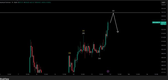 A cryptocurrency price chart for ZECUSD (Perpetual Contract) showing an upward price trend with marked Elliott Wave count of (v) at the top, indicating the final wave target has been reached after calling a long entry around the $486-$488 area. The chart displays the price rising from the marked "2" low near $483.22 to a peak of $544, reflecting the successful long trade mentioned in the post with additional upside noted by the downward arrow indicating minor pullback potential.