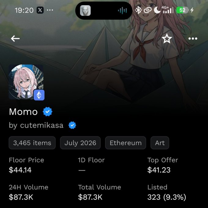 A mobile screenshot of an NFT collection called 'Momo' by cutemikasa on Ethereum, showing floor price $44.14, top offer $41.23, and 3,465 items.