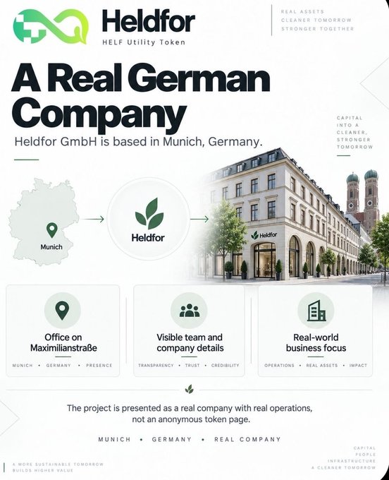 Promotional infographic for 'Heldfor HELF Utility Token' advertising 'A Real German Company' based in Munich, Germany, showing an office building and features like 'Office on Maximilianstraße' and 'Real-world business focus'.