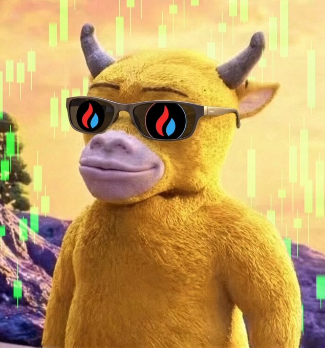 A 3D-rendered yellow cow-like character wearing dark sunglasses with red and blue flame logos, standing against a mountainous landscape with green and yellow candlestick chart patterns overlaid in the background.