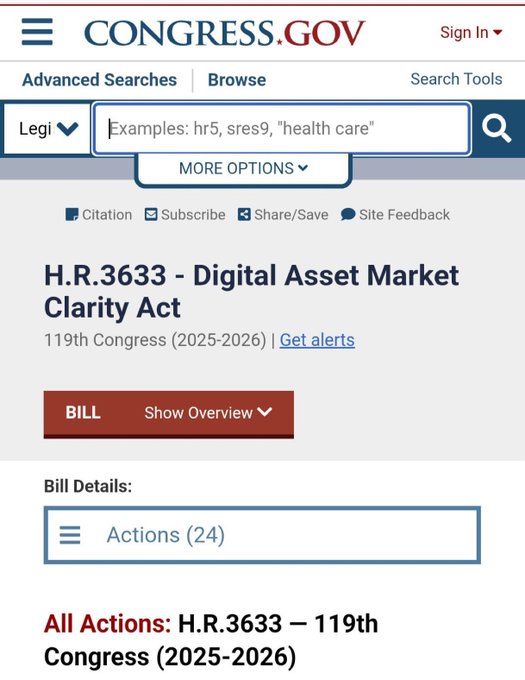 A screenshot of Congress.gov displaying H.R.3633 - Digital Asset Market Clarity Act from the 119th Congress (2025-2026), showing the bill details page with 24 recorded actions. The image supports the post by visually confirming the legislation referenced in the CLARITY Act update, which outlines key Senate timeline milestones expected in July.