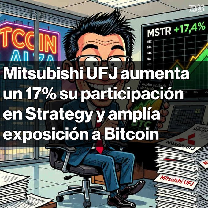 A cartoon illustration of an excited man in a suit surrounded by financial charts, with Spanish text reading 'Mitsubishi UFJ aumenta un 17% su participación en Strategy y amplía exposición a Bitcoin' and a stock ticker showing 'MSTR +17,4%'.