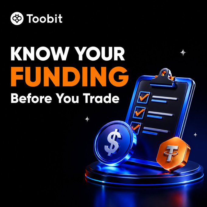 A Toobit cryptocurrency advertisement with the message 'KNOW YOUR FUNDING Before You Trade,' featuring a clipboard checklist alongside coin icons with dollar and Tether symbols.