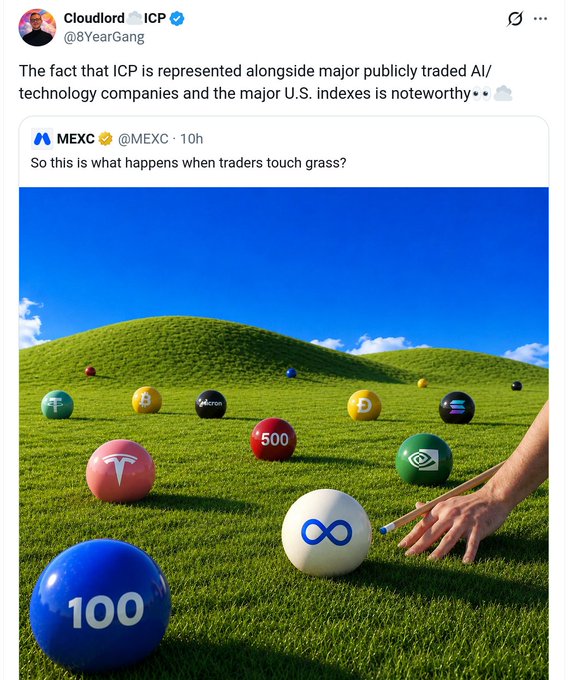 A tweet from Cloudlord (@8YearGang) about ICP being represented alongside major publicly traded AI/technology companies, quoting a MEXC post showing cryptocurrency logos (Bitcoin, Tesla, NVIDIA, Meta, ICP, etc.) as billiard balls on a green lawn.