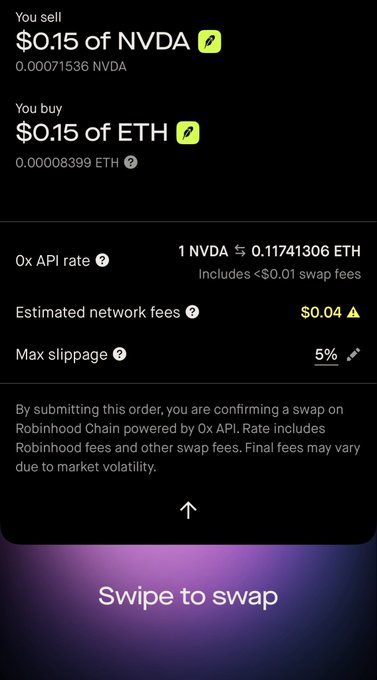 Mobile app screen showing a cryptocurrency swap interface where you sell $0.15 of NVDA (0.00071536) to buy $0.15 of ETH (0.00008399), with a 'Swipe to swap' button at the bottom.