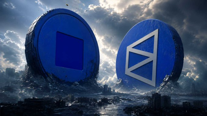 The image features two large blue circles with a white "E" symbol inside of them. The background shows an urban cityscape filled with buildings and other structures. The caption for the image reads, "Manifesting eligibility for my favorite blue-chip projects Hope I make it into both @base and @Polymarket rewards this season, Been supporting, trading, and staying active nonstop."