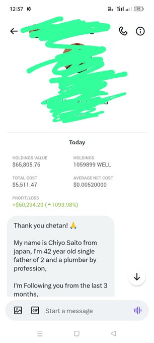 A mobile app screenshot shows a portfolio with holdings value of $65,805.76, 1059899 WELL tokens, total cost of $5,511.47, and profit/loss of +$60,294.29 (+1093.98%), with a message from 'Chiho Saito from Japan' reading 'Thank you chetan! 🙏 My name is Chiho Saito from japan, I'm 42 year old single father of 2 and a plumber by profession. I'm Following you from the last 3 months.'