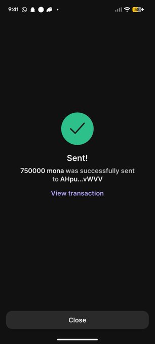 A mobile screenshot displays a successful transaction confirmation showing "Sent! 750000 mona was successfully sent to AHpu...vWvV" with a green checkmark and a "View transaction" link. This appears to be a fabricated crypto airdrop scam screenshot designed to deceive users into sharing their Solana wallet addresses, as the accompanying post promises free $MONA tokens to the first 5,000 wallets.