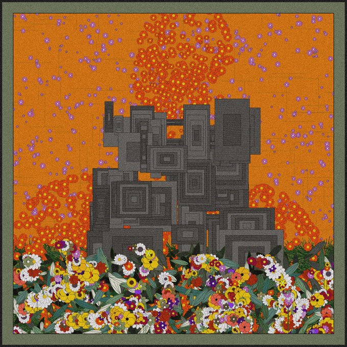 A vibrant textile/quilt artwork featuring a dark gray geometric structure resembling a building or temple surrounded by colorful flowers against an orange background with red circular patterns.