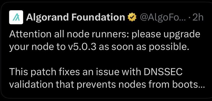 A tweet from the Algorand Foundation (@AlgoFoundation) requesting node runners to upgrade to v5.0.3 to fix a DNSSEC validation issue.