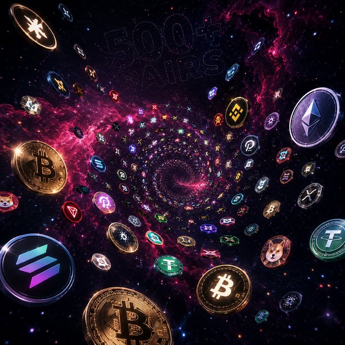 A space-themed illustration with the text '500+ PAIRS' surrounded by various cryptocurrency coin logos including Bitcoin, Ethereum, Solana, and others floating against a cosmic background.