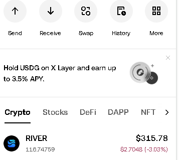 The image shows a crypto portfolio interface displaying holdings of 118.74759 RIVER tokens valued at $315.78, down $2.7048 (-3.03%). The post relates to this by noting slightly fewer tokens (110.74759) at the same price point, suggesting either a recent purchase or pending transaction update for the River chain abstraction stablecoin system.