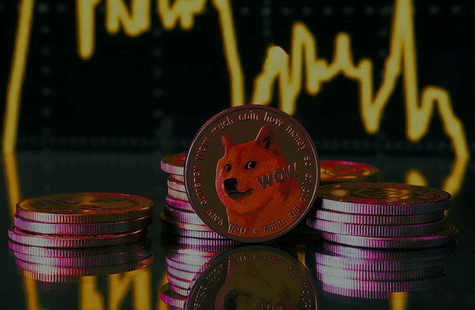 Stacks of Dogecoin tokens featuring the iconic Shiba Inu and "WOW" inscription sit in front of a yellow chart line displaying "DOGE," visually reinforcing the post's claim that $DOGE is the original and preeminent memecoin.