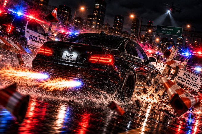 An action-oriented digital artwork depicts a black BMW M3 with 'NPC' on its license plate speeding through a rainy city street at night, splashing water and crashing through traffic cones near police cars with flashing red and blue lights and a 'POLICE ROAD CLOSED' sign.