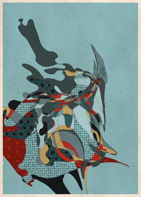 An abstract art piece with flowing, organic shapes in red, yellow, blue, black, and patterned designs against a muted teal/blue-gray background.