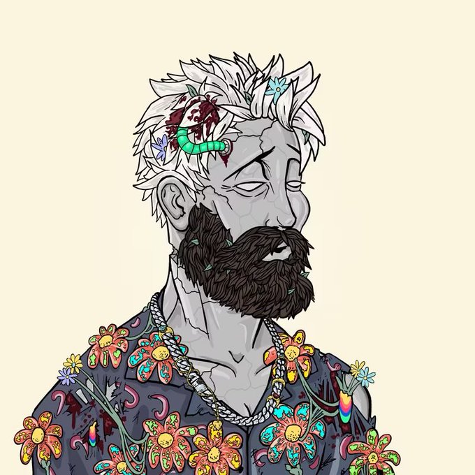 Cartoon illustration of a gray, rock-like bearded man with white hair adorned with flowers and a bandage, wearing a floral patterned shirt and silver chains.