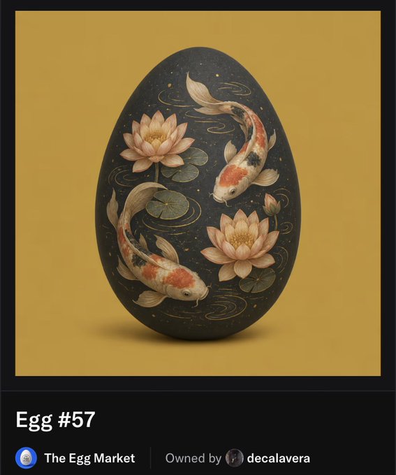 An artistic egg (#57) from 'The Egg Market' featuring a black background with painted koi fish and pink lotus flowers, owned by 'decalavera'.