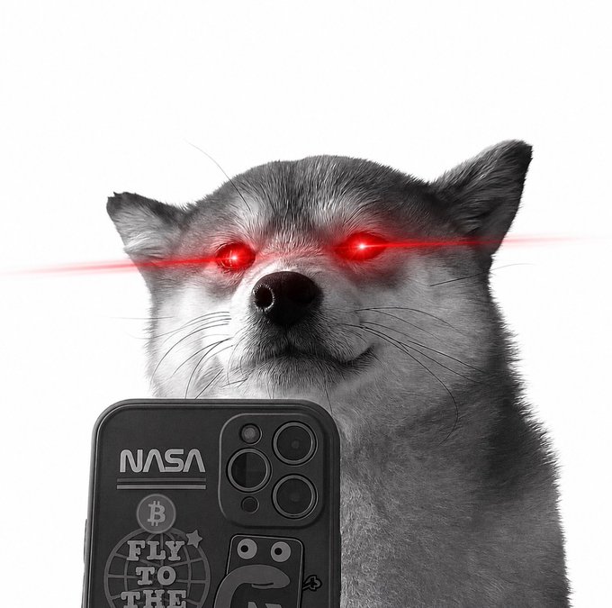 A digital artwork features a fox with glowing red laser eyes staring at a phone case that reads 'NASA', shows a Bitcoin symbol, and says 'FLY TO THE'.