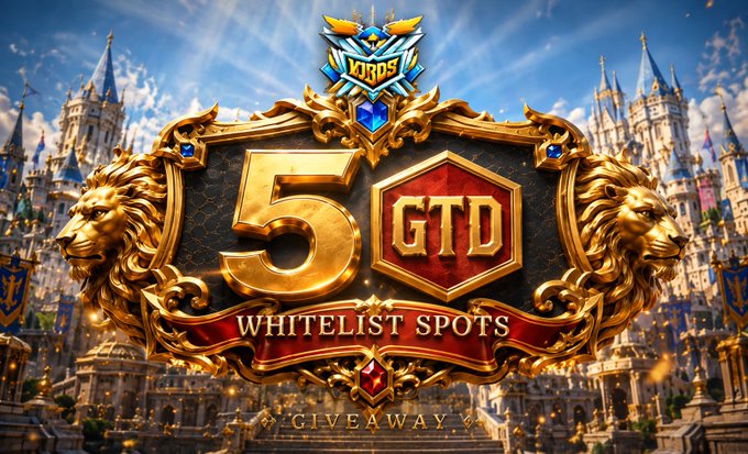 The image is a promotional graphic for a giveaway featuring 5 GTD whitelist spots for XLords, an onchain game where players build kingdoms, battle, and earn rewards, with text prominently displaying "5 GTD WHITELIST SPOTS GIVEAWAY" alongside the XLords logo and ornate golden lion emblems set against a fantasy castle backdrop.