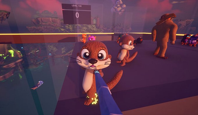 A screenshot from a video game featuring 3D animated characters including chipmunks, a small orange figure, and a brown humanoid in a hat, with a 'LEVEL 122' sign visible in the background.